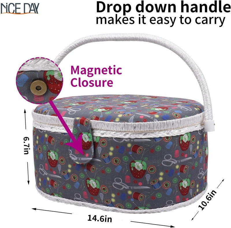 Nice Day Sewing Basket, Classic Fabric Design Sewing Kit Accessories Large Sewing Box Sewing Supplies Organizer and Storage Portable Sewing Kit Embroidery Box 14.6 x 10.6 x 6.7 in (Large/Oval Grey) - Image 3